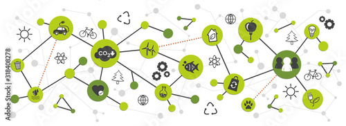 Sustainability and environment banner with green icons, data and web network connection. Sustainable development goals, clean enregy, recycle and reuse, co2 carbon dioxide emissions control. concept. photo