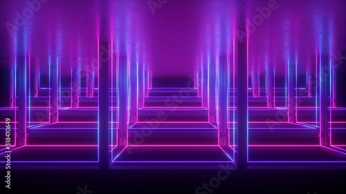3d render, abstract violet neon geometric background, cubic shape, lines glowing in ultraviolet light, empty steps, stairs, square box construction