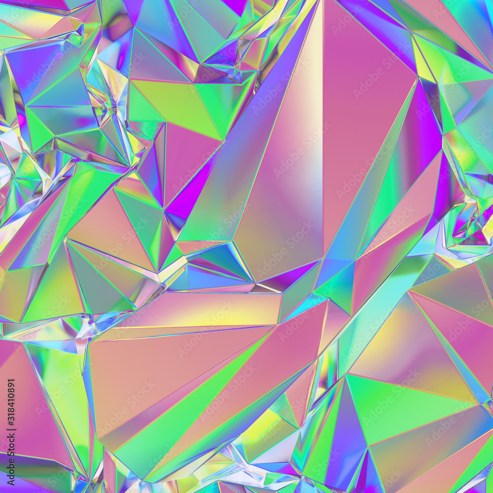 Fototapeta 3d render, abstract pastel crystal background, crumpled holographic foil, polygonal faceted structure, metallic texture, iridescent crystallized wallpaper, neon spectrum, vivid palette, wide screen