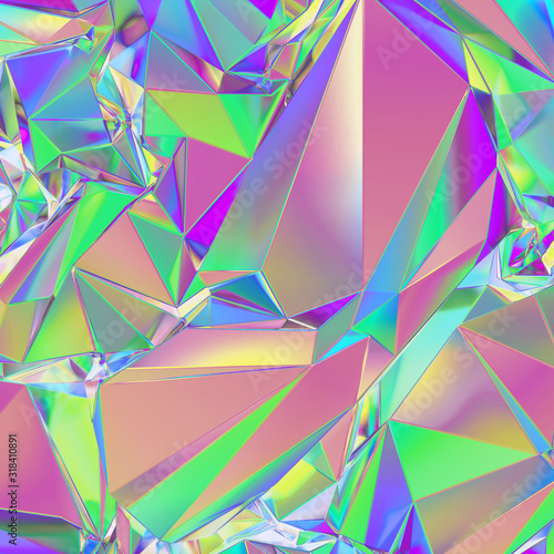 3d render, abstract pastel crystal background, crumpled holographic foil, polygonal faceted structure, metallic texture, iridescent crystallized wallpaper, neon spectrum, vivid palette, wide screen