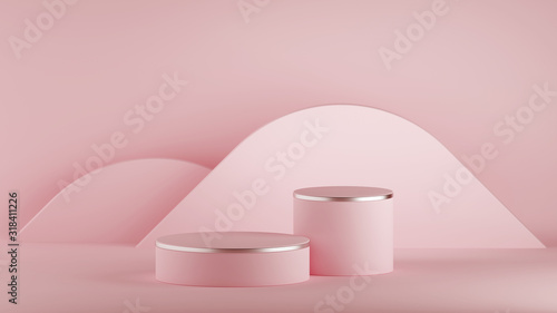 3d render, abstract modern minimal pink background, hills. Empty fashion podium, cylinder steps, vacant pedestal, stage, showcase stand, blank product display platform. Copy space. Premium design