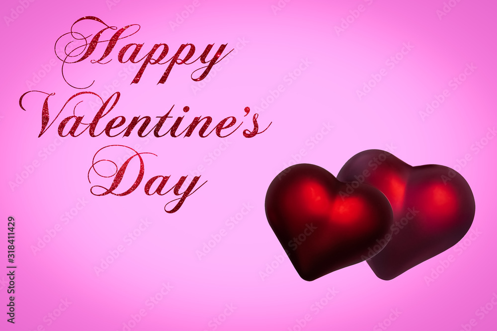 Happy Valentines Day. 14 February. Red hearts on pink background. Love Romantic concept. Greeting card. Celebration. 