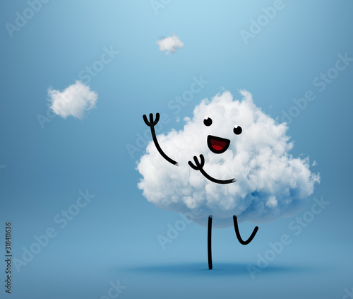 3d render, funny cloud cartoon character playing, chasing and catching small clouds. Mascot isolated on blue background. Happy cute little guy. Weather icon. Excitement emotion. Facial expression. photo