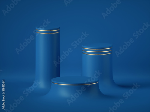 3d render, abstract blue background modern minimal concept clean style. Empty cylinder podium, vacant pedestal, round stage, showcase, product display, futuristic expo platform. Color of the year 2020