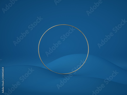 3d render, abstract blue background, modern minimal design, balance concept, clean style. Golden ring, blank round frame mockup. Curvy hills, wavy surface. Color of the year 2020