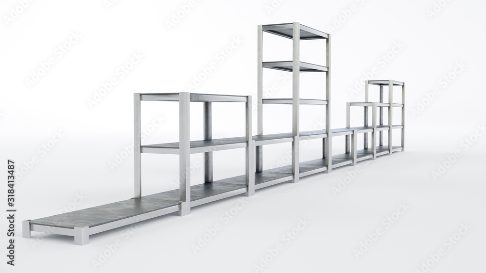 3D image of supermarket warehouse racks staying in a row on white isolated background 3D image of supermarket warehouse racks staying in a row on white isolated background