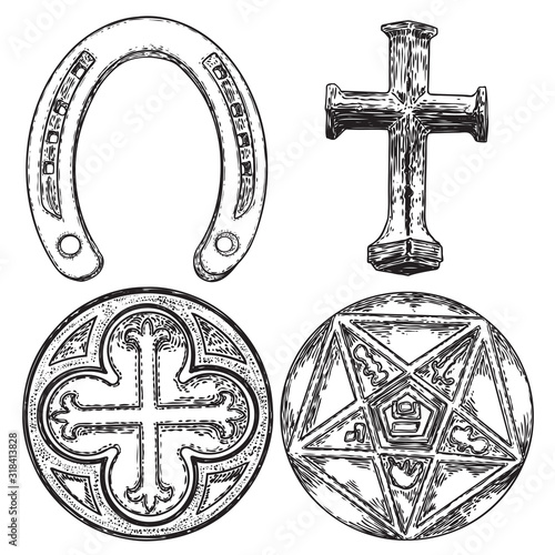 Set of decorative circle ornament of carved round Christian cross, five pointed star, Masonic. Horseshoe good luck amulet. Vector.