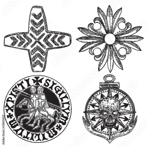 Set of decorative ornament of carved flowers. Christian cross. Nautical, marine anchor with skull and compass. Knights Templar Crusader pin. Vector.