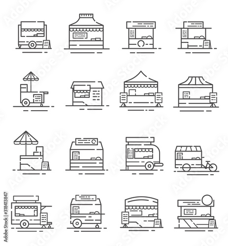 Set of street food kiosk icons with outline style.