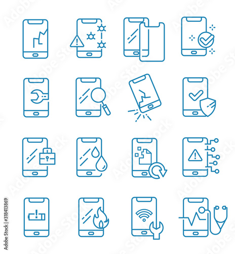 Set of smartphone repair icons with outline style.