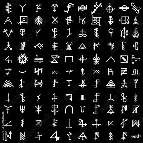 Big set of esoteric symbol and alphabet on the theme of mysticism and magic. Inspired by super natural religion and the occultism. Medieval Masonic imaginary manuscript with letters sketches. Vector.