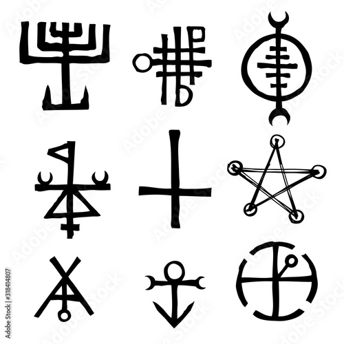 Set of written symbols and letters inspired by magical inscriptions and symbols isolated on background. Old manuscript alphabet. Vector.