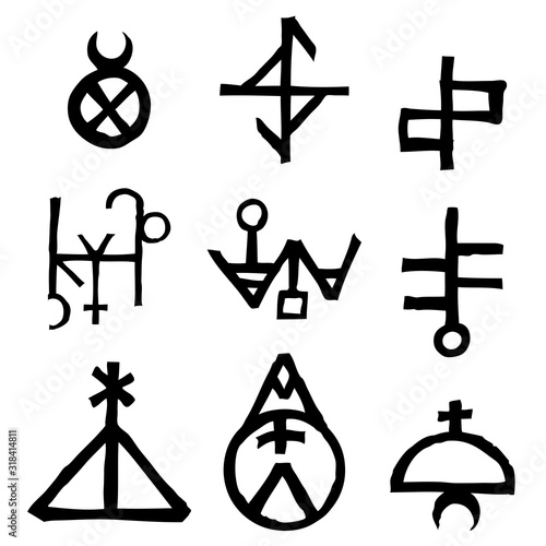 Set of written symbols and letters inspired by magical inscriptions and symbols isolated on background. Old manuscript alphabet. Vector.