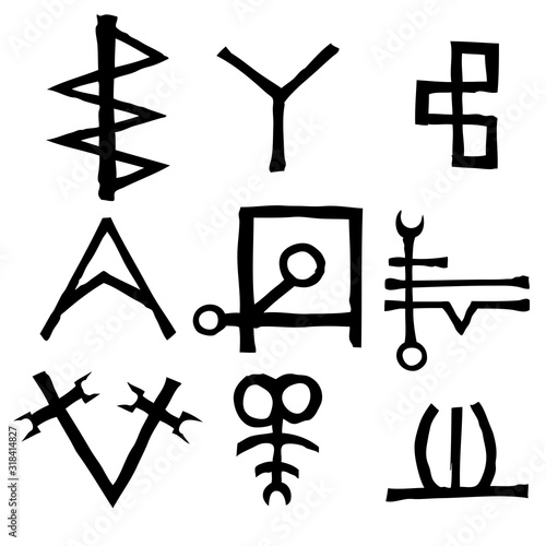 Set of Old Norse Scandinavian runes imaginary version. Runic alphabet symbols, futhark. Inspired by ancient occult symbols, vikings letters and runes. Vector.