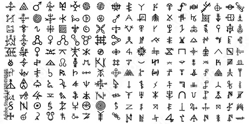Large set of alchemical symbols on the theme of old manuscript with occult lyrics alphabet and symbols. Esoteric written signs inspired by medieval writings. Vector