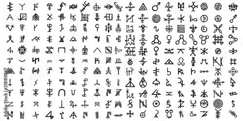 Big set of esoteric symbol design elements. Imaginary handwritten alchemy signs, space, spirituality, inspired by mysticism, freemasonry, astrology. Vector .