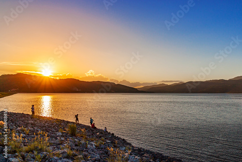 View of landscape nature and river and color of sunlight photo