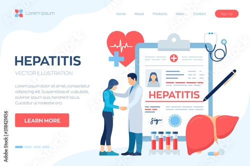 Medical diagnosis - Hepatitis. Concept of hepatitis A, B, C, D, cirrhosis, world hepatitis day. Doctor taking care of patient. Liver Cancer Awareness. Treat the deasesed liver. Vector illustration.