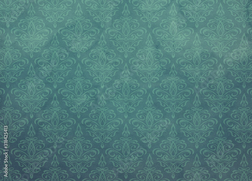 Deep Ocean Blue Green Teal Damask Wallpaper Pattern With Watercolor Stains