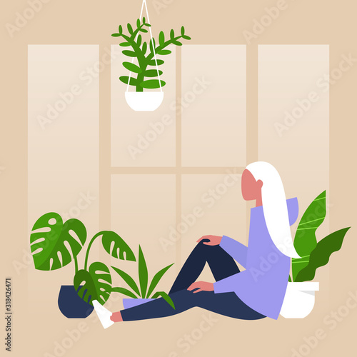 Young female character sitting by the window surrounded by house plants, meditative relaxation