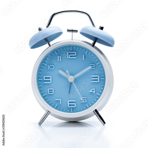 Blue color old fashioned bell alarm clock isolated on white background