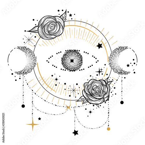 Boho design element or logo in flash tattoo style with eye, moon and roses.