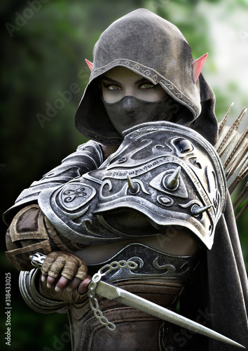 Naklejka Portrait of a powerful armored,silent, dark elf assassin archer  masked and cloaked in secrecy and equipped with a dagger. Fantasy 3d  rendering - sztylet, assassin, maska, fototapety | Foteks