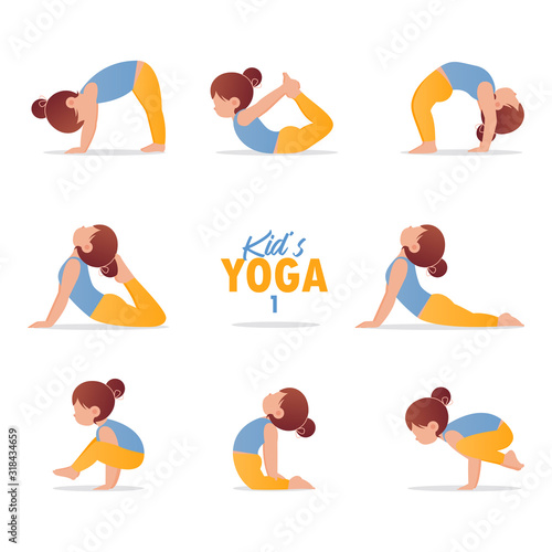 kids yoga set. Gymnastics for children and healthy lifestyle. Cartoon kids in different yoga poses.  Vector art and illustration.