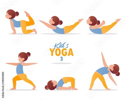 kids yoga set. Gymnastics for children and healthy lifestyle. Cartoon kids in different yoga poses.  Vector art and illustration.