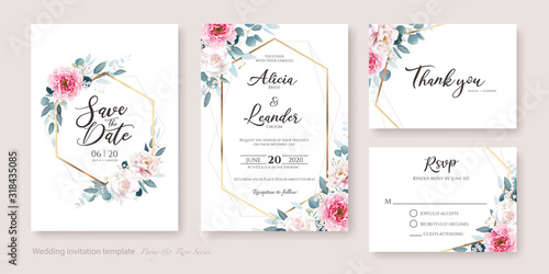 Set of floral wedding Invitation card, save the date, thank you, rsvp template. Vector. Pink peony flower and white rose with greenery, silver dollar, olive leaves, Wax flower.