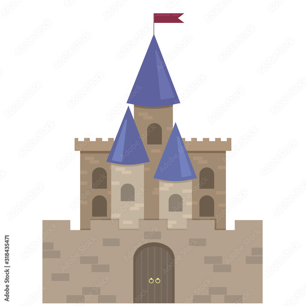 Сastle towers with flags in flat style. Medieval castle with a flag. Isolated vector illustration Сastle towers with flags in flat style. Medieval castle with a flag. Isolated vector illustration