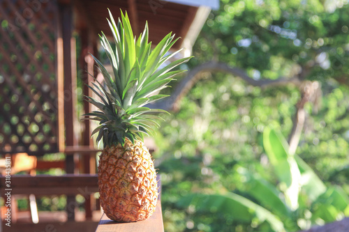 pineapple on wood railing