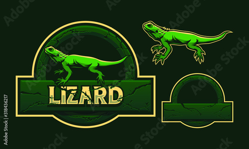 Lizard mascot logo design with stone crack frame isolated on dark green background