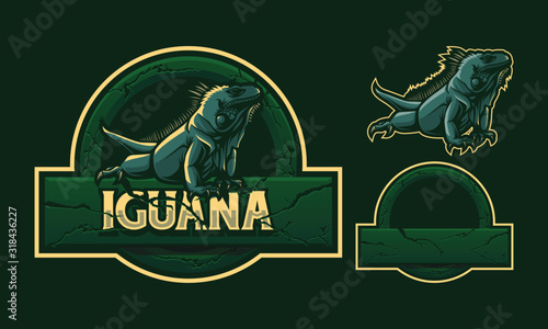 Iguana mascot logo design with stone crack frame isolated on dark green background