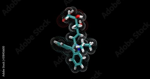 Fluvastatin, HMG-CoA reductase inhibitor, plasma cholesterol level reduction, heart disease drug, 3D molecule spinning on Y axis photo