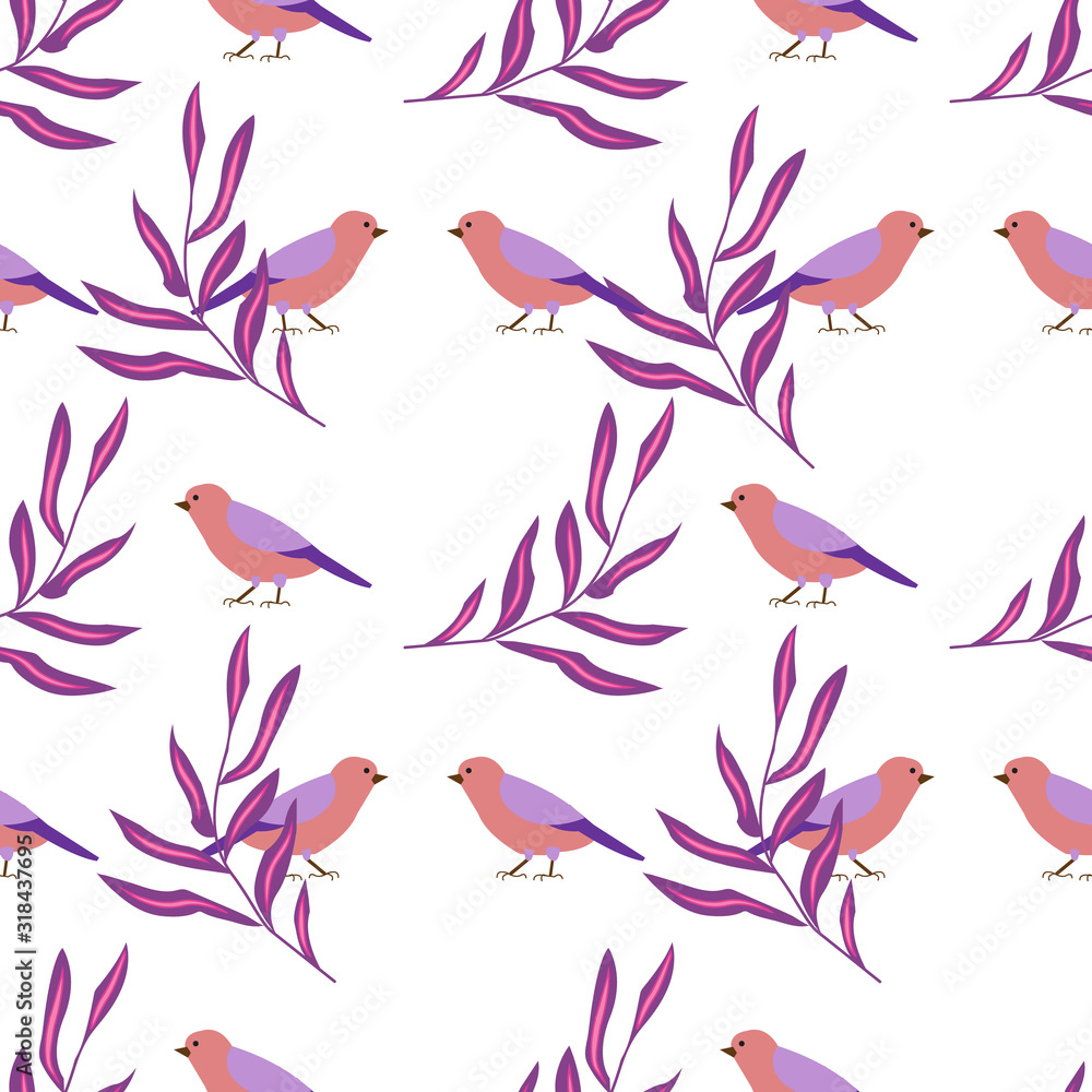 Obraz premium Seamless pattern with fantastic tropical plants and birds, flat style, vector illustration