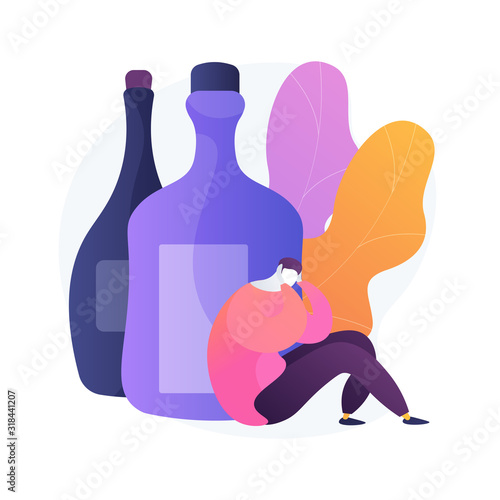 Drunk depressed man, alcoholic with hangover. Heavy drinking, alcoholism problem, booze abuse. Guy with alcohol addiction, psychological problem. Vector isolated concept metaphor illustration