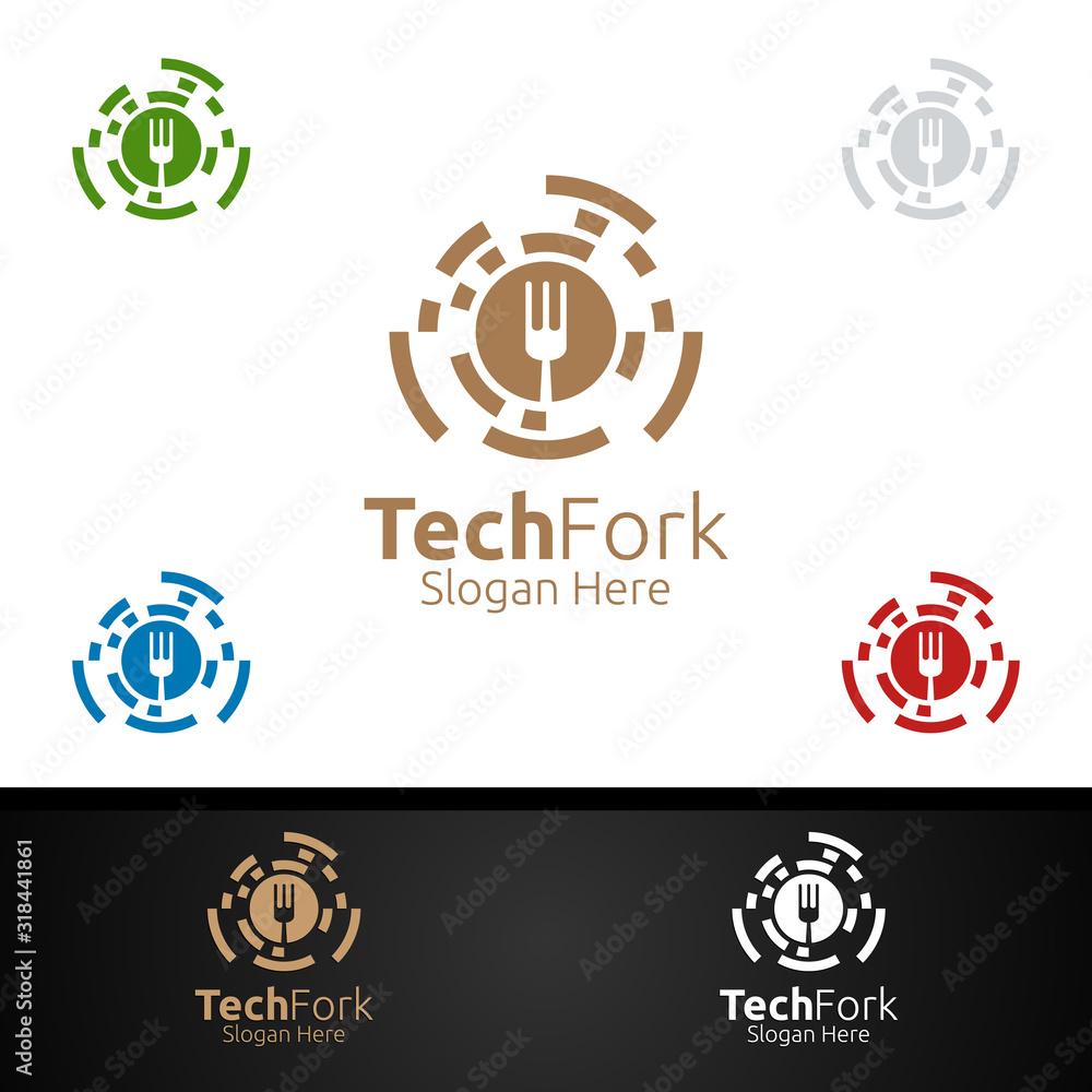 Tech Fork Food Logo Template for Restaurant or Cafe Tech Fork Food Logo Template for Restaurant or Cafe