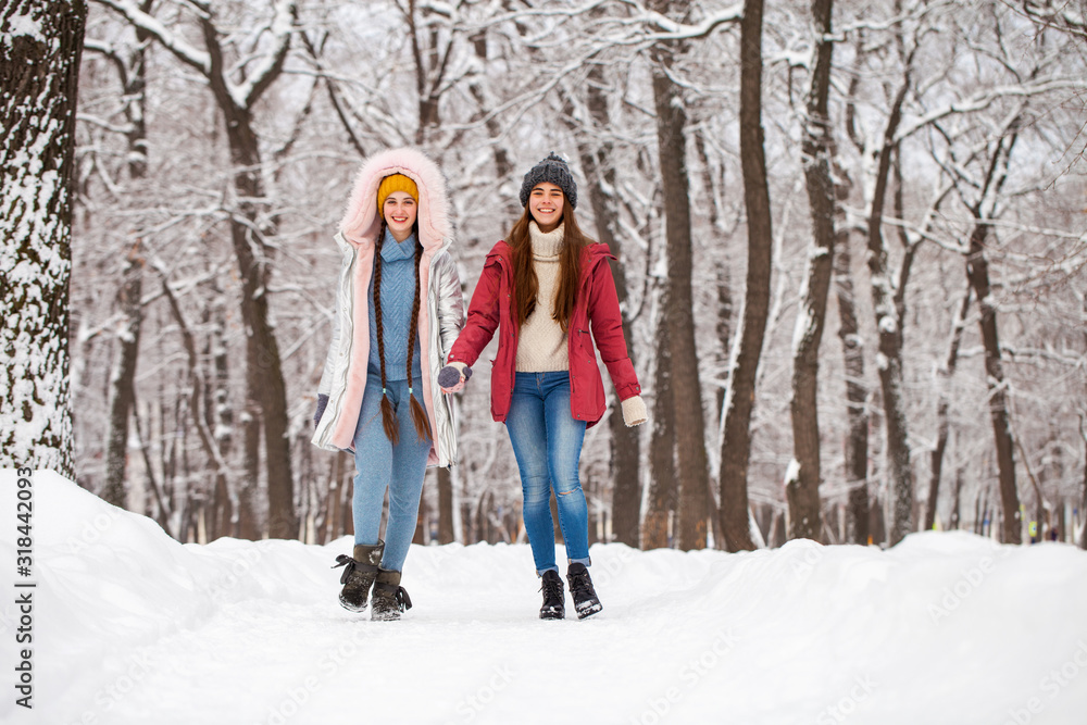 Portrait two young beautiful women walking in winter park Portrait two young beautiful women walking in winter park