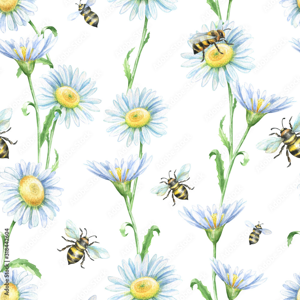 Fototapeta premium Watercolor seamless pattern with bees and daisies flowers.