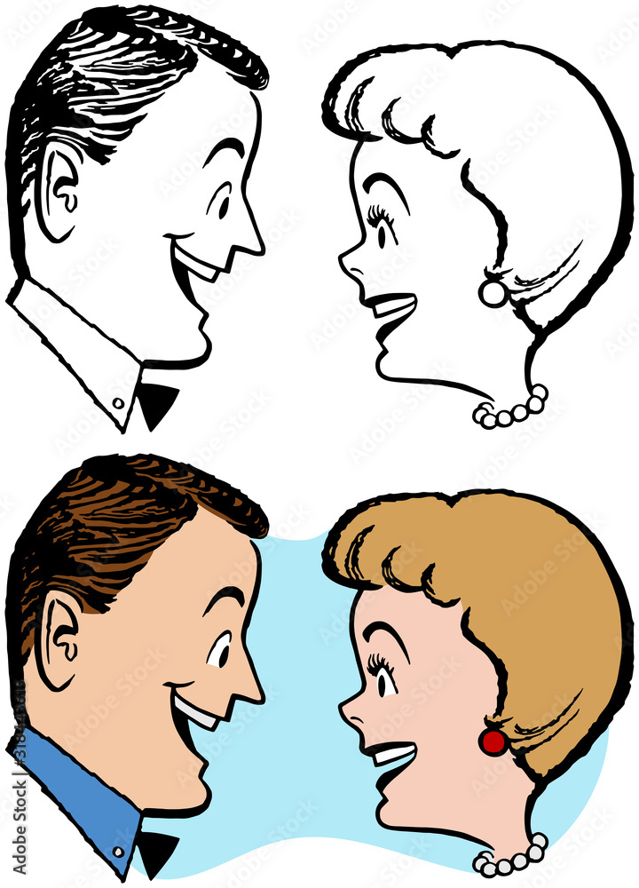 A cartoon of a man and a woman having a conversation. A cartoon of a man and a woman having a conversation.