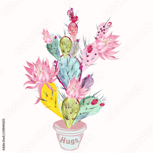 Beautiful vector illustration with pink cactus flower and plant in potter