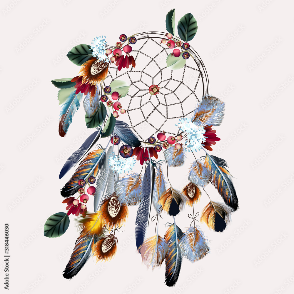 Obraz Ilustracja moda wektor Boho z łapaczem snów, kolorowe pióra, liście