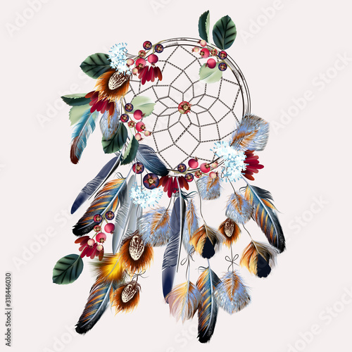 Obraz na płótnie Ilustracja moda wektor Boho z łapaczem snów, kolorowe pióra, liście