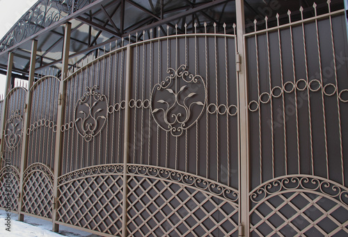 Brown metal gates, fencing and canopy are all made in openwork design.