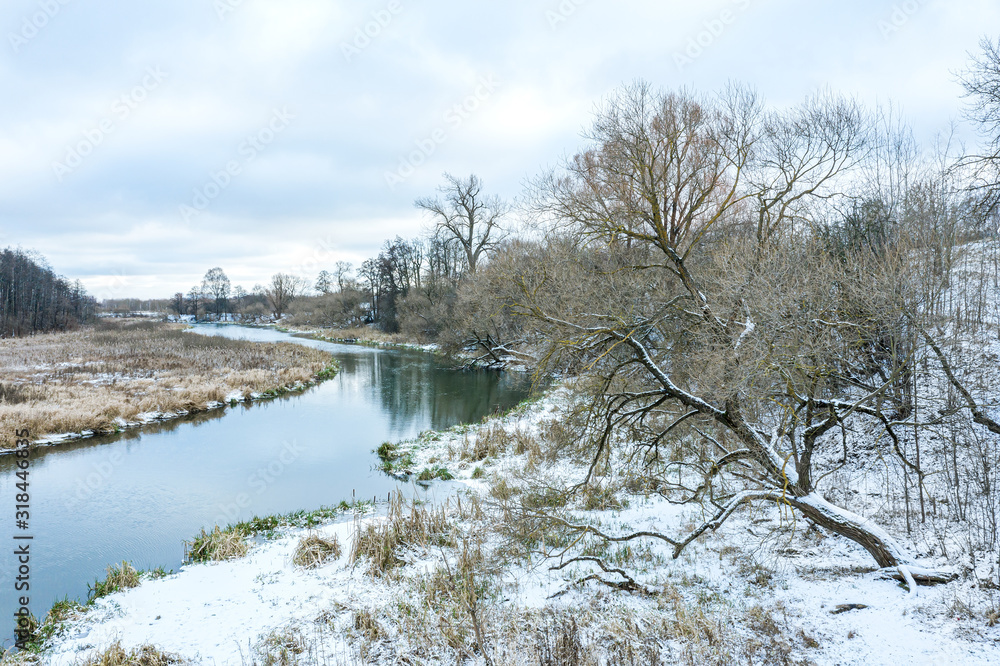 winter landscape with small river under cloudy sky. trees and riverbank covered with snow