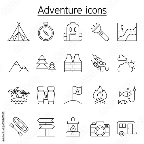Camping & Adventure icon set in thin line style