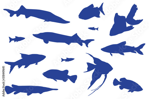 Blue fishes swimming vector isolated illustration. 