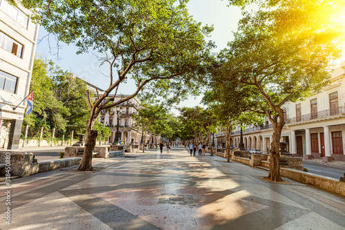Tourists are walking on street of Old Havana in Havana, Cuba. Main street in Havana downtown. paseo del prado, de marti