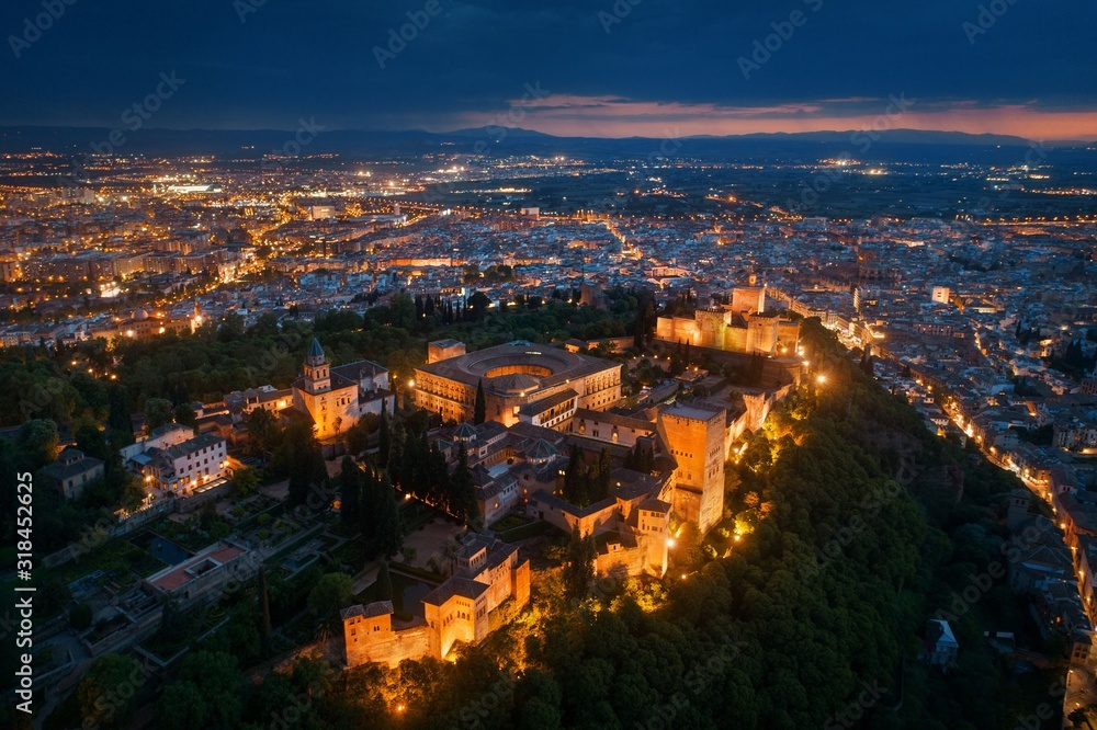 Alhambra aerial view at night